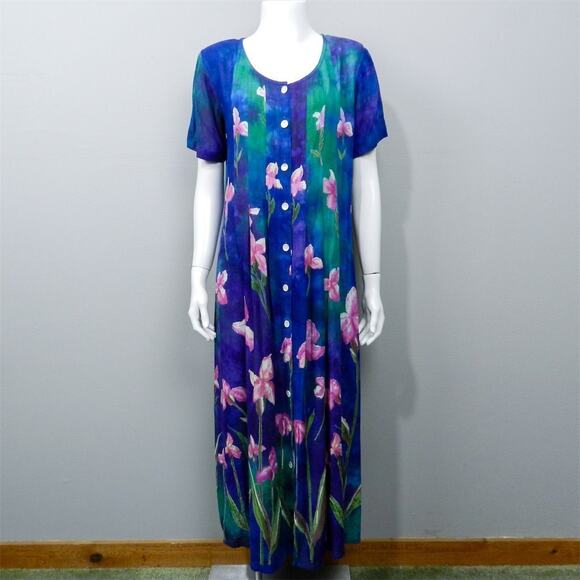 La Cera Long Dress Women's Size M Floral Button-Front‎ Wearable Art Boho Cottage - Picture 1 of 12